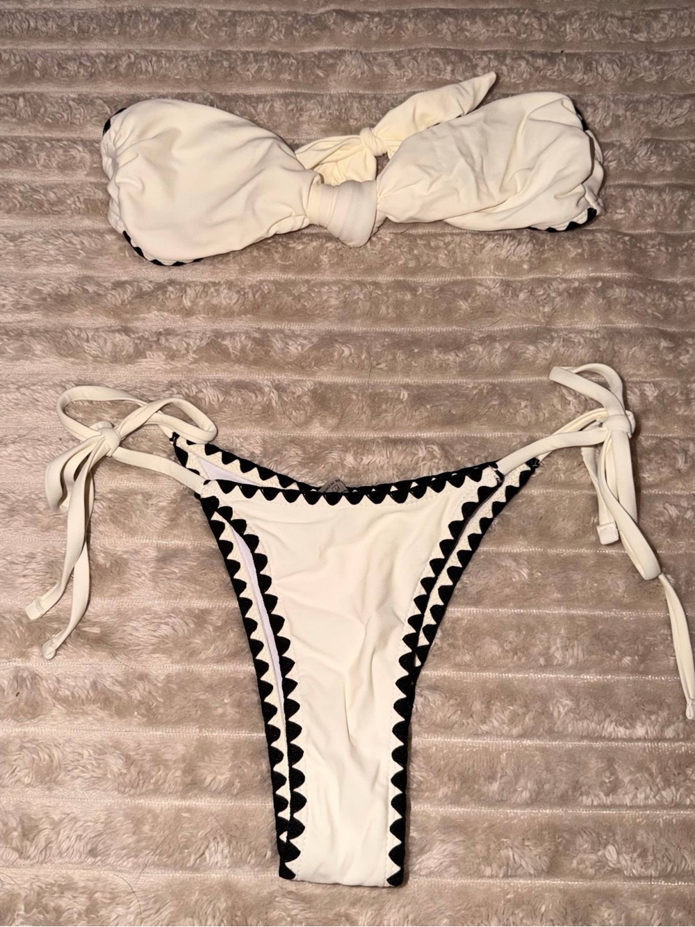 Women’s Cream Tie-Side Bikini Set with Black Scallop Trim